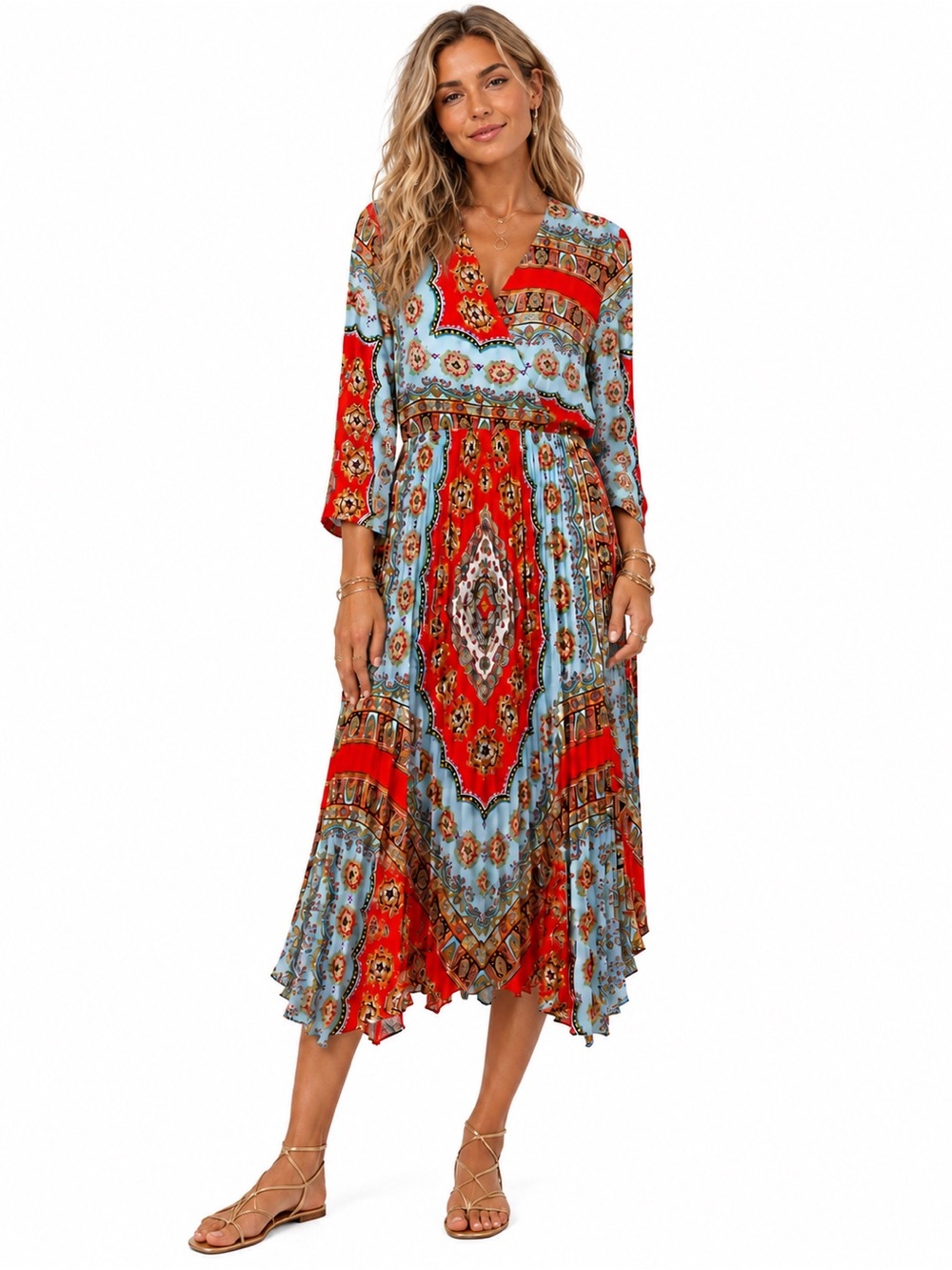 DEX Boho Print Scarf V-Neck Midi Dress LIKE NEW
